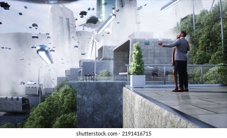 People In Futuristic City. Flying Car Traffic. Megapolice. Future Concept. 3d Rendering. 3D Illustration