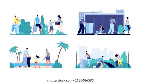 People and garbage. Street garbage, volunteering family cleaning trash. Volunteer throw rubbish from forest town or waterfront scenes - Powered by Shutterstock