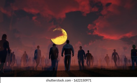 People Go To Light Moon In Orange Violet Ash Fog. Crowd Is Moving Into The Distance. Throng Goes In One Direction. Mysterious World. Way To Paradise.  3D Rendering