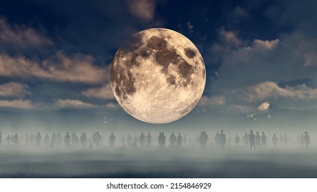 People Go To Light Yellow Moon In Orange Violet Ash Fog. Crowd Is Moving Into The Distance. Throng Goes In One Direction. Mysterious World. Way To Paradise.  3D Rendering