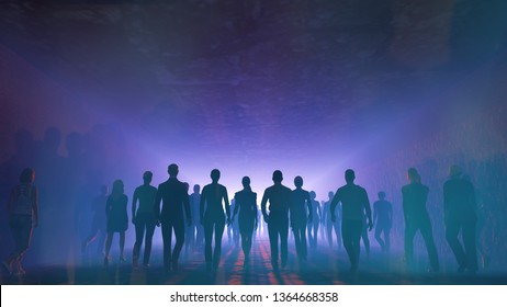 People Go To The Night. Blue Fog. The Crowd Is Moving Into The Distance. Throng Goes In One Direction.
Mysterious World. Way To Paradise. Orange Light Falls In Some Places.  3D Rendering.