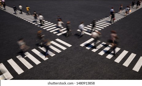 People Going On Street Perspective View Realistic Footage. Pedestrians, Urban Crowd On Crosswalk. Busy City, Road Traffic Concept. Zebras Intersection With People Walking In Different Ways 3d Render