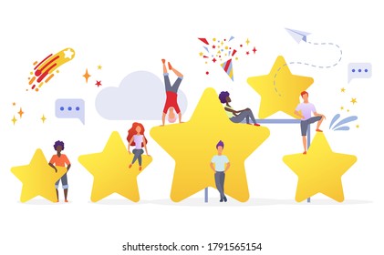People with golden stars flat illustration. Users evaluating app performance. Customers giving feedback cartoon characters. Measuring consumers satisfaction with rating system