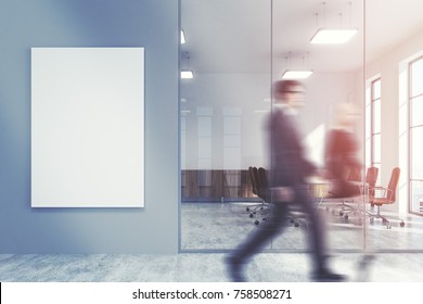 People In A Gray Office Lobby With A Concrete Floor, Loft Windows And A Glass Wall. There Is A Large Vertical Poster And A Meeting Room. 3d Rendering Mock Up Double Exposure Toned Image