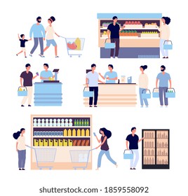 People in grocery store. Persons buying food in supermarket, shop customers woman, man with shopping cart. Isolated cartoon characters - Powered by Shutterstock