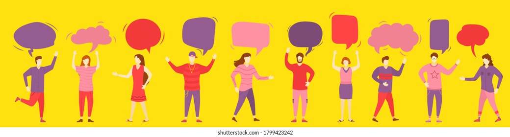People group chat. Group characters with communication bubbles. Teamwork. Message. Speech Bubbles. Icons womans and mans with colorful dialog speech bubbles.  - Shutterstock ID 1799423242