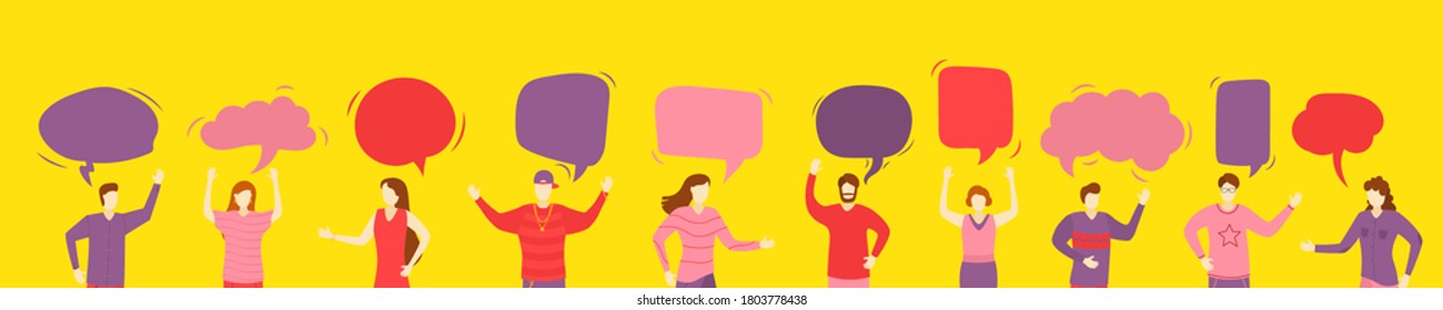 People Group Chat. Group characters with communication bubbles. Teamwork. Message. Speech Bubbles. Icons womans and mans with colorful dialog speech bubbles.  - Shutterstock ID 1803778438