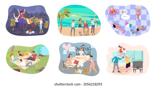 People have party set - dancing on Tropical beach, swimming at pool, have picnic in night forest or sunny meadow, bachelorette party, Grandparents sing with grandchildren. Flat  Illustration - Powered by Shutterstock