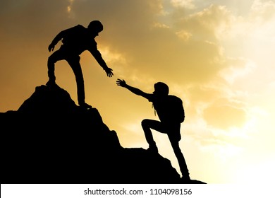 People Helping On Peak Mountain And Sunrise Background Climbing Team Work Success Business Concept 