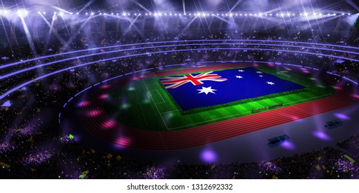 People Hold Australia Flag In Stadium Arena. Field 3d Photorealistic Render Illustration