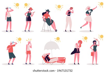 People In Hot Weather. Male And Female Characters Suffer From Heat, Summer Extreme Hot Weather. Seasonal Summertime Heat  Illustration Set. Sunbathing Under Umbrella, Looking At Thermometer