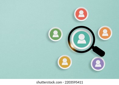 People Icon Inside On Grunge White Paper Cut With Magnifying Glass For Buyer Persona And Target Customer Concept. Customer Psychology Profile Or Characteristics. Personalized Marketing