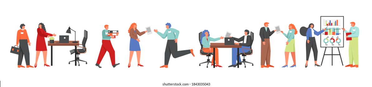 People Involved In Recruitment Process, Flat Style Design Illustration Isolated On White Background. Employment Agency Employees, Hr Specialists, Job Candidates. Hiring, Job Search, Interview.