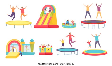 People Jump On Trampoline. Happy Adults, Kids And Family Bounce On Trampolines, Inflatable House And Slide. Active Entertainment  Set. Illustration Trampoline And Playground For Children