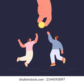 People Jumping For Money. Hand Holding Golden Coin, Man And Woman Need Cash. Investment Concept, Business Project Or Hiring Illustration