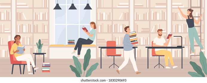 People in library. Men and women read book, students study with books and gadgets in public library interior  concept. Girl on ladder getting book, people at desks and chairs - Powered by Shutterstock