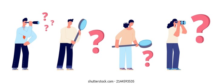 People look at large question mark. Finding solution, looking in magnifying glass or binocular. Cartoon flat business characters set