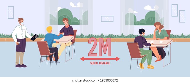 People Maintaining Safe Social Distance In Cafe. Man Woman Friends Communicating, Eating In Restaurant. Two Meter Space Between Visitor Seats. Waiter Wearing Facial Mask. New Normal Lifestyle