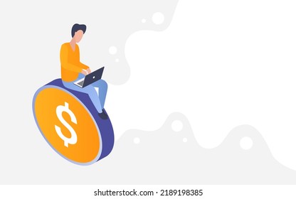 People Make Money Online, Finance Profit, Investment Growth Isometric Illustration. Cartoon Businessman Investor Character Working With Laptop, Making Money, Sitting On Gold Coin Background