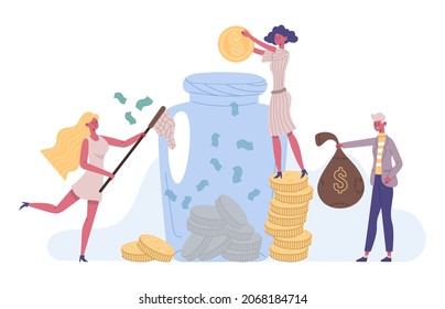 People money save, success financial investment concept. Investment, increasing capital financial strategy, saving money  illustration. Characters make money savings in huge glass jar