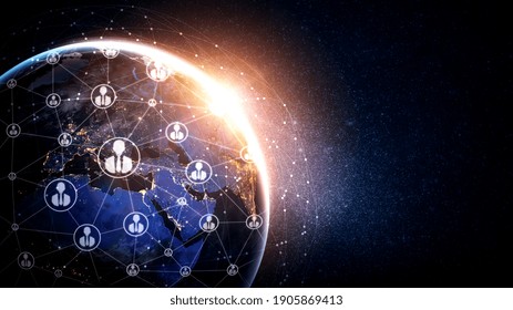 People Network And Global Earth Connection In Innovative Perception. Business People With Modern Graphic Interface Linking Many People Around World By Social Media To Connect International Business.