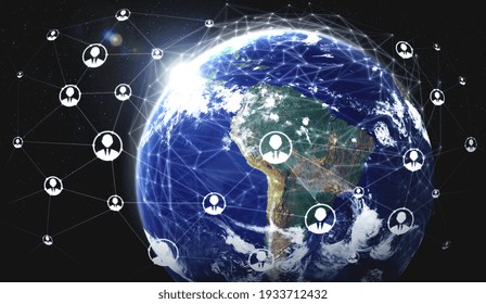 People Network And Global Earth Connection In Innovative Perception . Business People With Modern Graphic Interface Linking Many People Around World By Social Media . 3D Illustration .