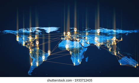 People Network And Global Earth Connection In Innovative Perception . Business People With Modern Graphic Interface Linking Many People Around World By Social Media . 3D Illustration .