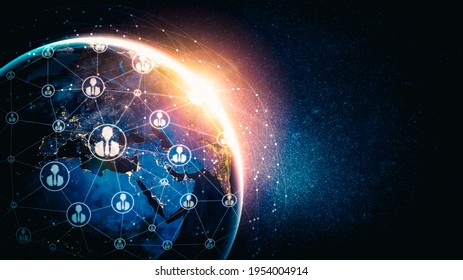 People Network And Global Earth Connection In Innovative Perception . Business People With Modern Graphic Interface Linking Many People Around World By Social Media . 3D Illustration .