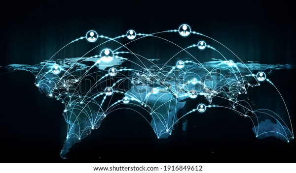 People\
network and global earth connection in innovative perception .\
Business people with modern graphic interface linking many people\
around world by social media . 3D illustration\
.