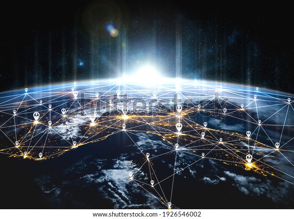 People\
network and global earth connection in innovative perception .\
Business people with modern graphic interface linking many people\
around world by social media . 3D illustration\
.
