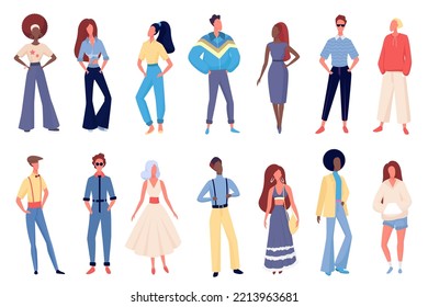 People In Old Fashion Clothing Illustration Set. Cartoon Young Fashionable Female And Male Characters Standing In Row, Wearing Hippie Disco Boho Old Fashioned Clothes Costumes Isolated On White