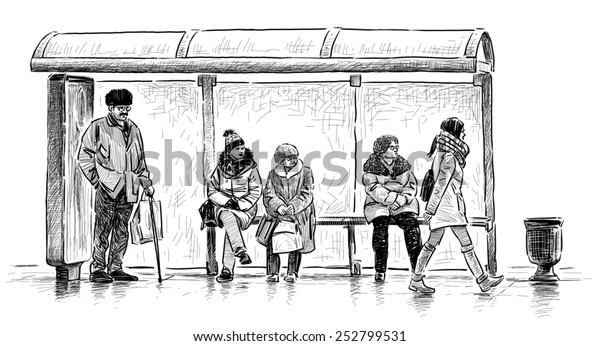 People On Bus Stop のイラスト素材