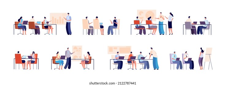 People on business training. Persons with computer, business group meeting. Modern office guys and coach with presentation utter set - Powered by Shutterstock