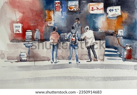 People on food stall in local area illustrated in watercolor