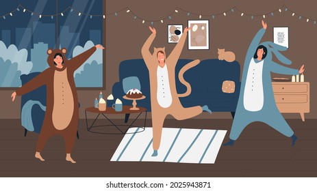 People On Pajamas Party In Home Interior Illustration. Cartoon Young Woman Characters Wearing Funny Animal Onesie Costume, Celebrating Halloween Pajama Party, Happy Celebration Scene Background