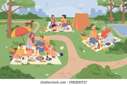 People on picnic in city park having fun together. cartoon families sitting on blankets and enjoying food and drinks, parents and children, dog pet animal. Girl friends and elderly couple - Powered by Shutterstock