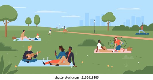 People on picnic in summer city park illustration. Cartoon happy family characters sitting on blanket, eating picnic food, mother and child play, young man playing guitar for friends background - Powered by Shutterstock