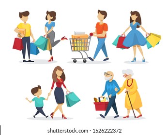 People on shooping set. Grocery and fashion store. Customer with many shopping bags. Couple on big sale. Isolated flat  illustration - Powered by Shutterstock