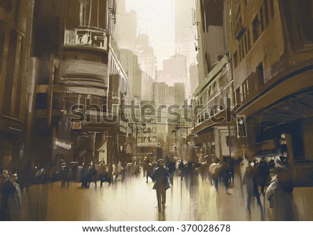 people on street in city,cityscape painting with vintage style