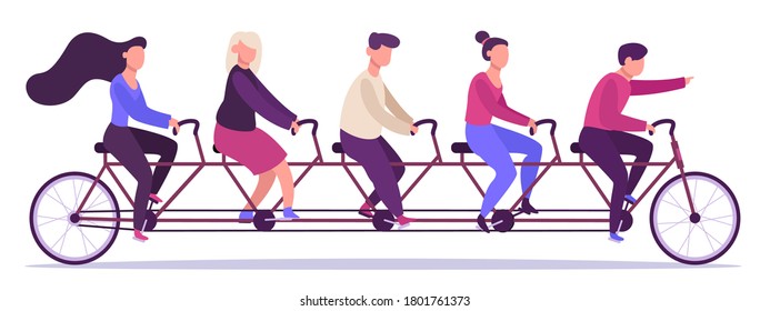 People On Tandem Bicycle. Young People Group Collective Teamwork, Men And Women Riding Tandem Bicycle, Friends On Tandem Bike  Illustration. Bicycle Tandem, Bike And People, Cycle Sport Teamwork