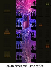 People on their balconies on two high rise apartment buildings watch fireworks and fly USA flags on the Fourth of July in this 3-d illustration about Independence Day.