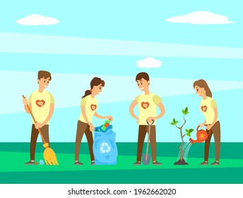 People on world environment day raster, team collecting garbage and watering plants in park, man and woman teamwork cleaning territory ecology changing - Powered by Shutterstock