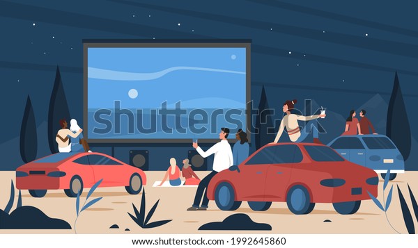 People in open air car cinema theater
illustration. Cartoon cars on parking, driver characters sitting,
watching film on big screen of auto drive movie event at night,
cinematography
background