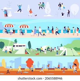 People Outdoor Activities. Seasonal Walking Man Woman Children. Winter Summer Autumn And Spring Time Characters. Camping Vacations, Seafront Walk Illustration