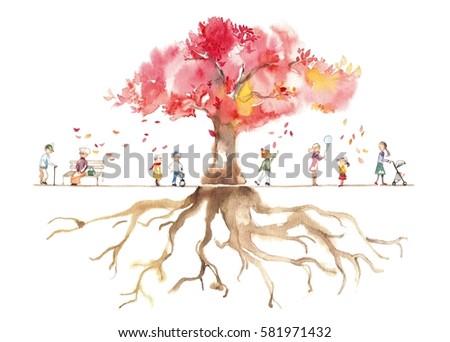 The people in the park and fallen leaf in autumn with a root