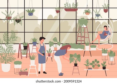 People planting green plants in greenhouse home garden illustration. Cartoon young man woman florist gardener characters working, growing flower houseplants in pots, botanical hobby background - Powered by Shutterstock