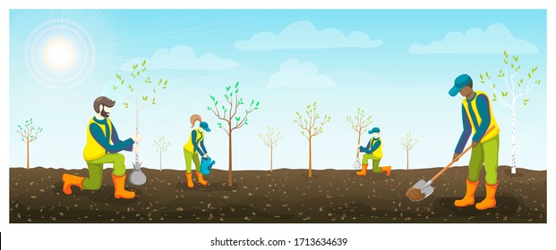 people planting trees in brown fertile soil. horizontal flat illustration. teenagers or volunteers is seeding and watering sapling in field, garden or park. springtime work. Arbor Day banner - Powered by Shutterstock