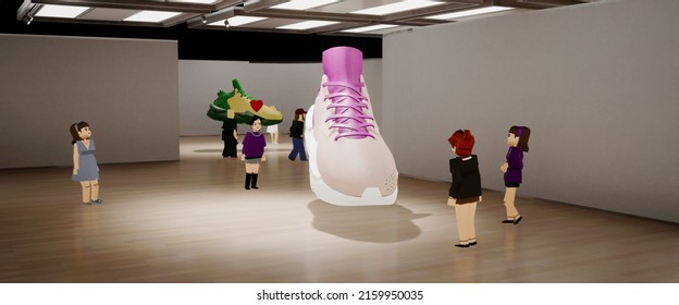 People Playing As Avatars In Virtual Reality Metaverse Shop, Discussing New Sneaker Model During The Presentation. Fashion Retail Concept, Sport Gamification. Generic 3d Rendering