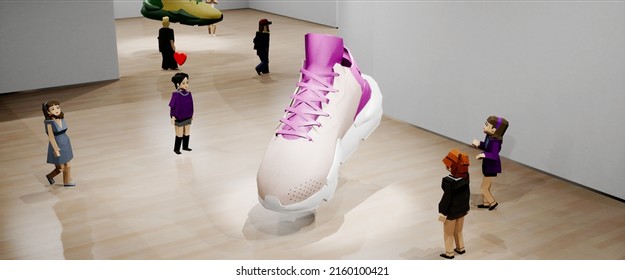 People Playing As Avatars In Virtual Reality Metaverse Shop, Discussing New Sneaker Model During The Presentation. Fashion Retail Concept, Sport Gamification. Generic 3d Rendering