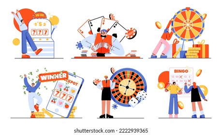 People playing casino and gamble games isolated set. Gambling concept with male and female characters spin roulette, slot machine, poker and lottery fortune games, Linear illustration - Powered by Shutterstock